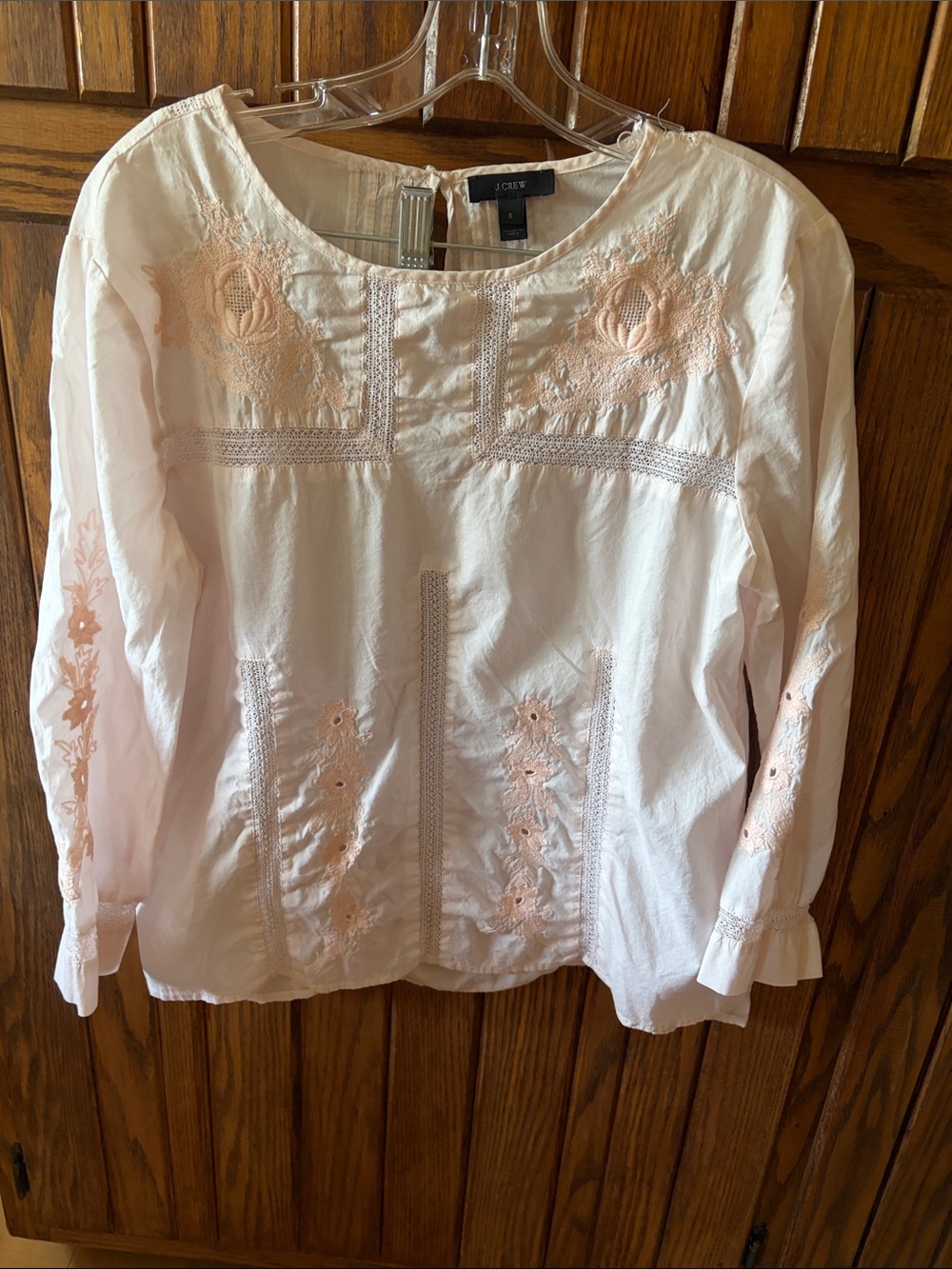 J. Crew White Cotton Blouse with Pale Pink Embroidery Size 6 
Like new